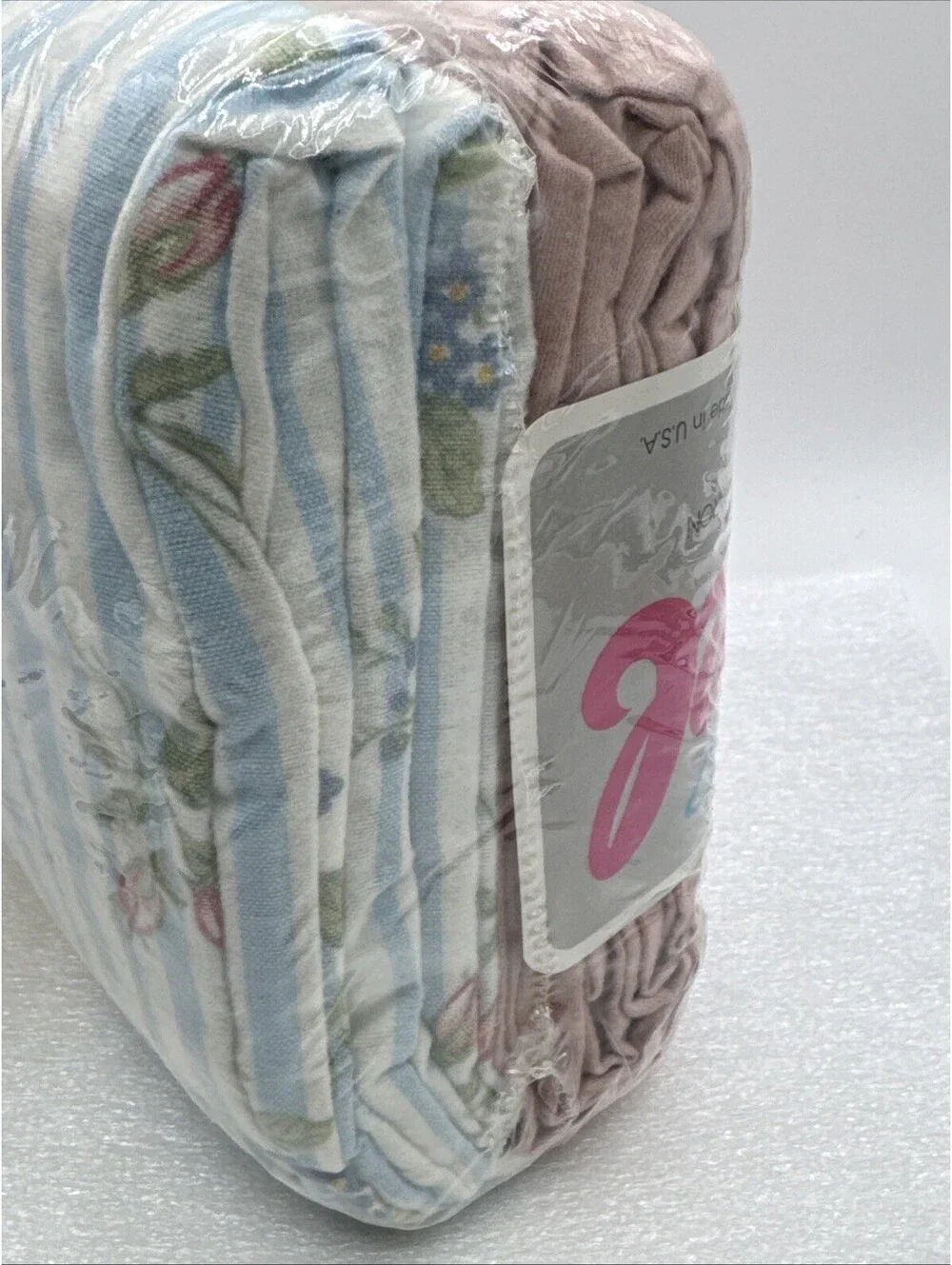 Vanguard NOS Flannel Sheet 4pc Set Blue White Stripes Flowers TWIN Vintage USA